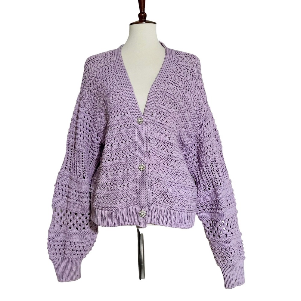 Zara Lavender Purple‎ Chunky Crochet Knit Cardigan Pearl Flower Button Sweater M